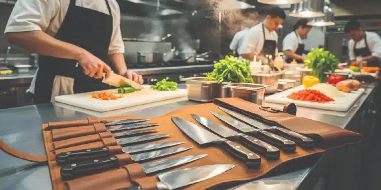 Chef prep with sharpened kitchen knives
